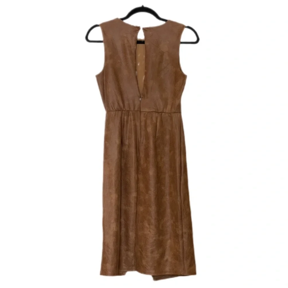 NWT Nordstrom Flattering Vegan Leather Sheath Dress + Slit in Camel Beige SZ S - Picture 2 of 15